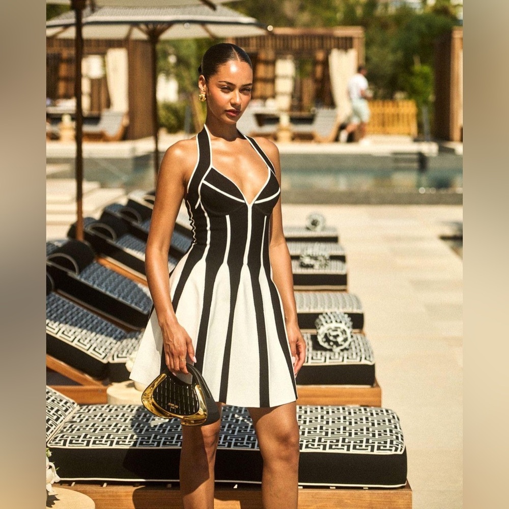 411. HIGH END Black and White Halter Mini Dress